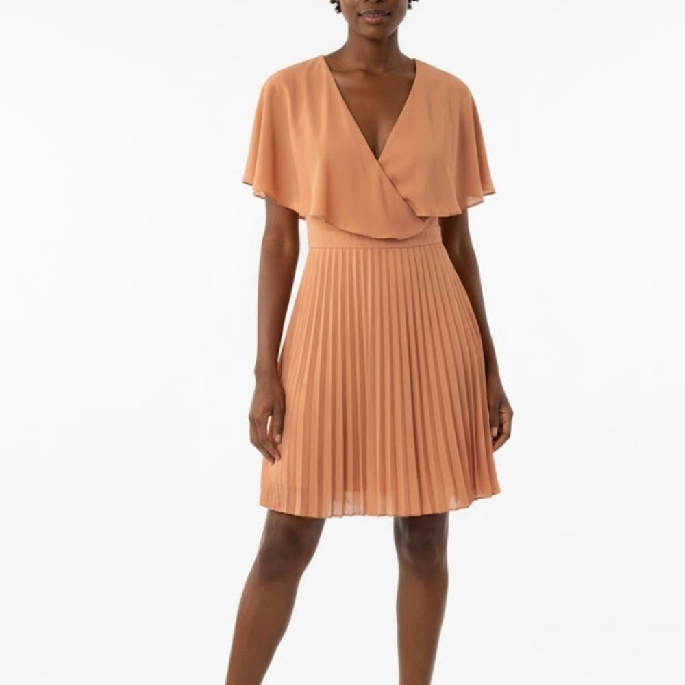 🌸 NWOT Petal & Roz Blush/ Nude/ Peach Pleated Chiffon Dress – Size Large